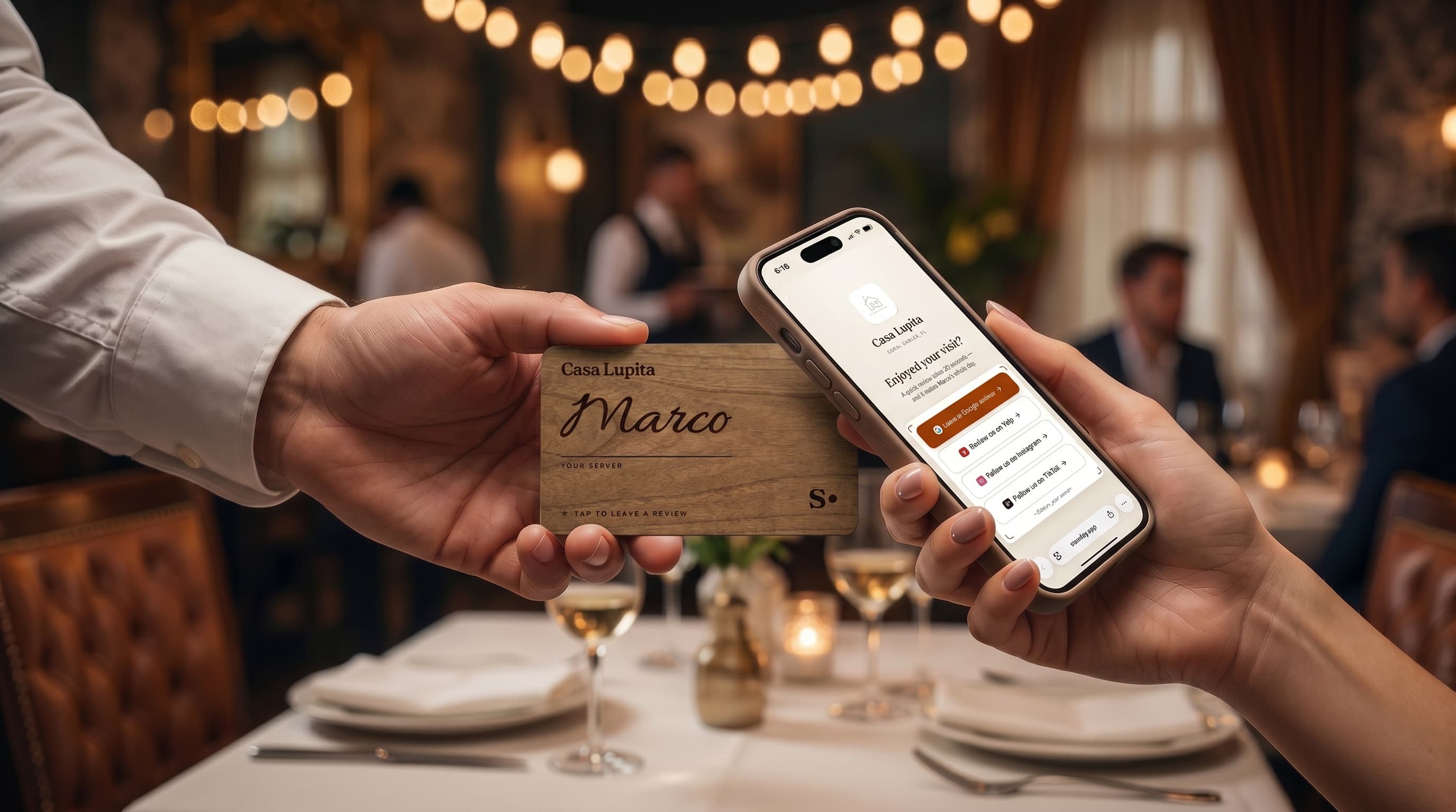 A server hands a guest an engraved wooden Casa Lupita review card; the guest's phone shows the review page with a one-tap Google review button