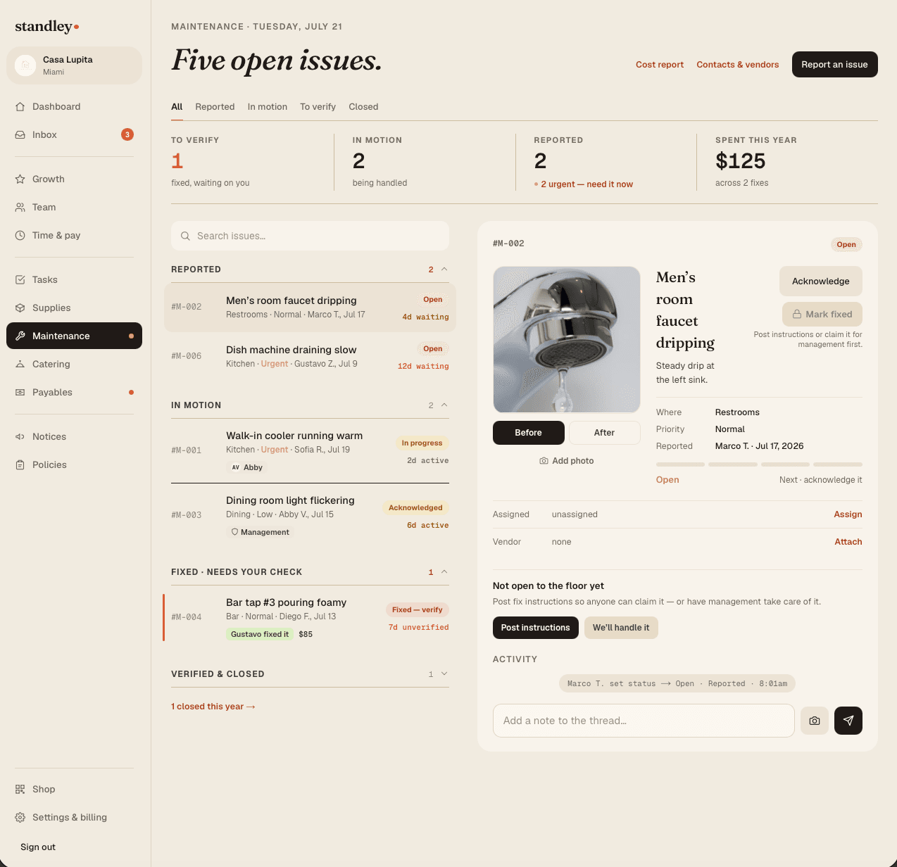 Maintenance — “Five open issues.” — issues by stage with photo proof and a fix thread