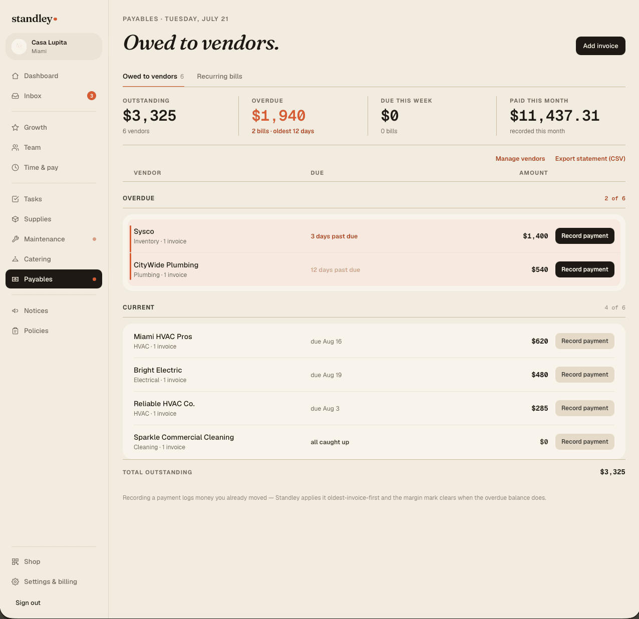 Payables — “Owed to vendors.” — overdue first, record a payment and it applies oldest-invoice-first