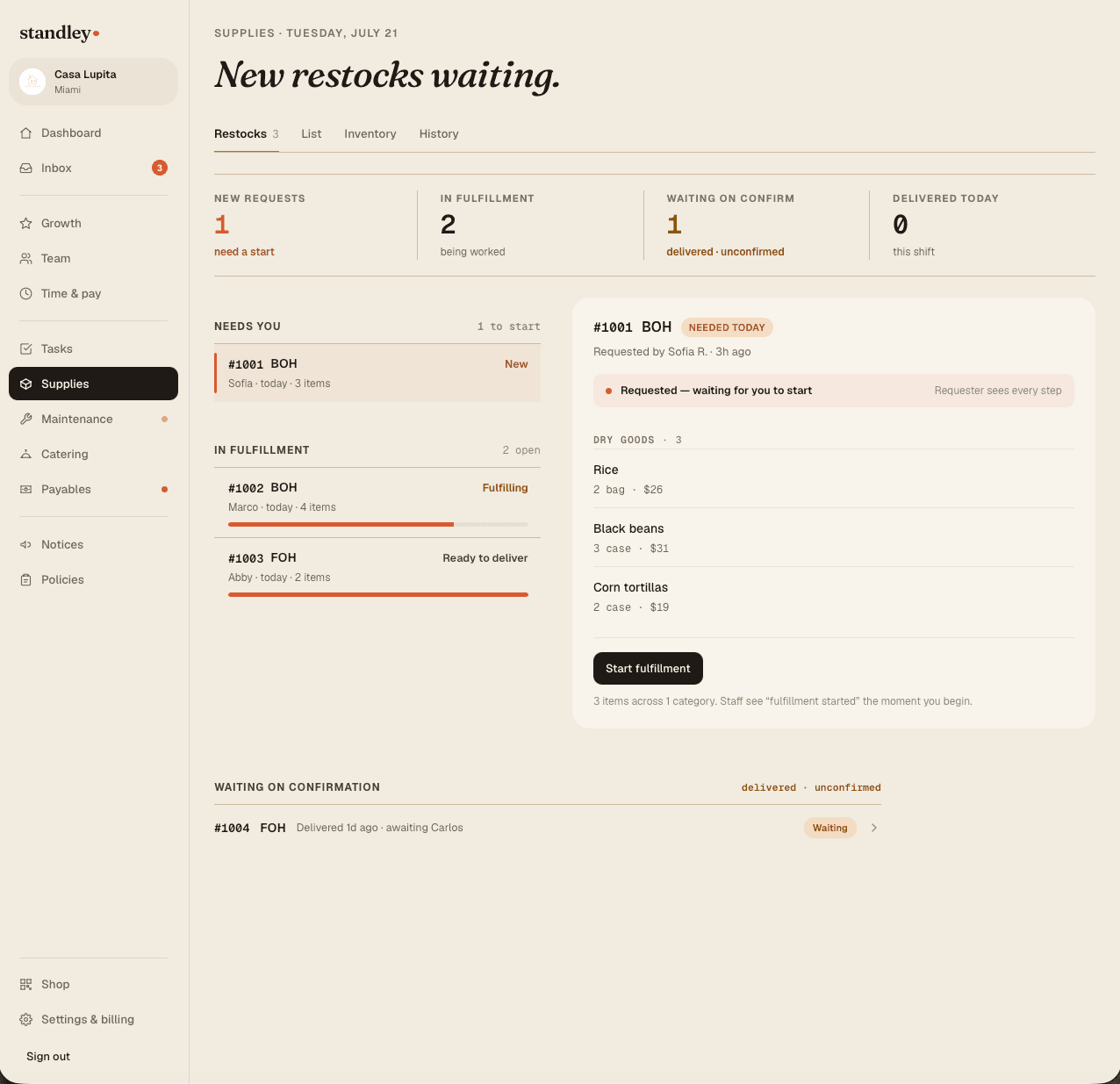 Supplies — “New restocks waiting.” — restock queue with a fulfillment detail pane