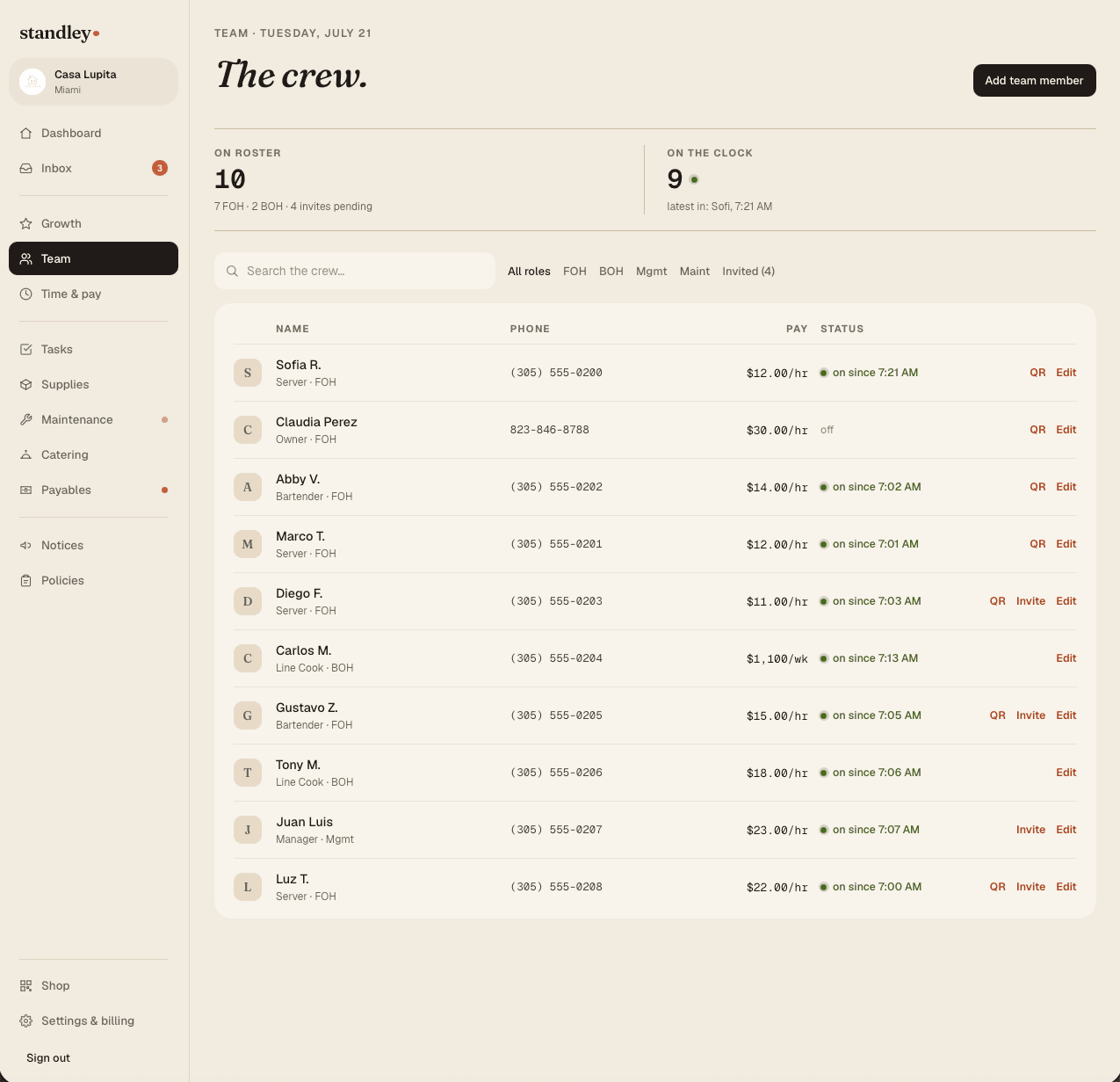 The Team page — the whole crew with roles, pay, and who's on the clock right now