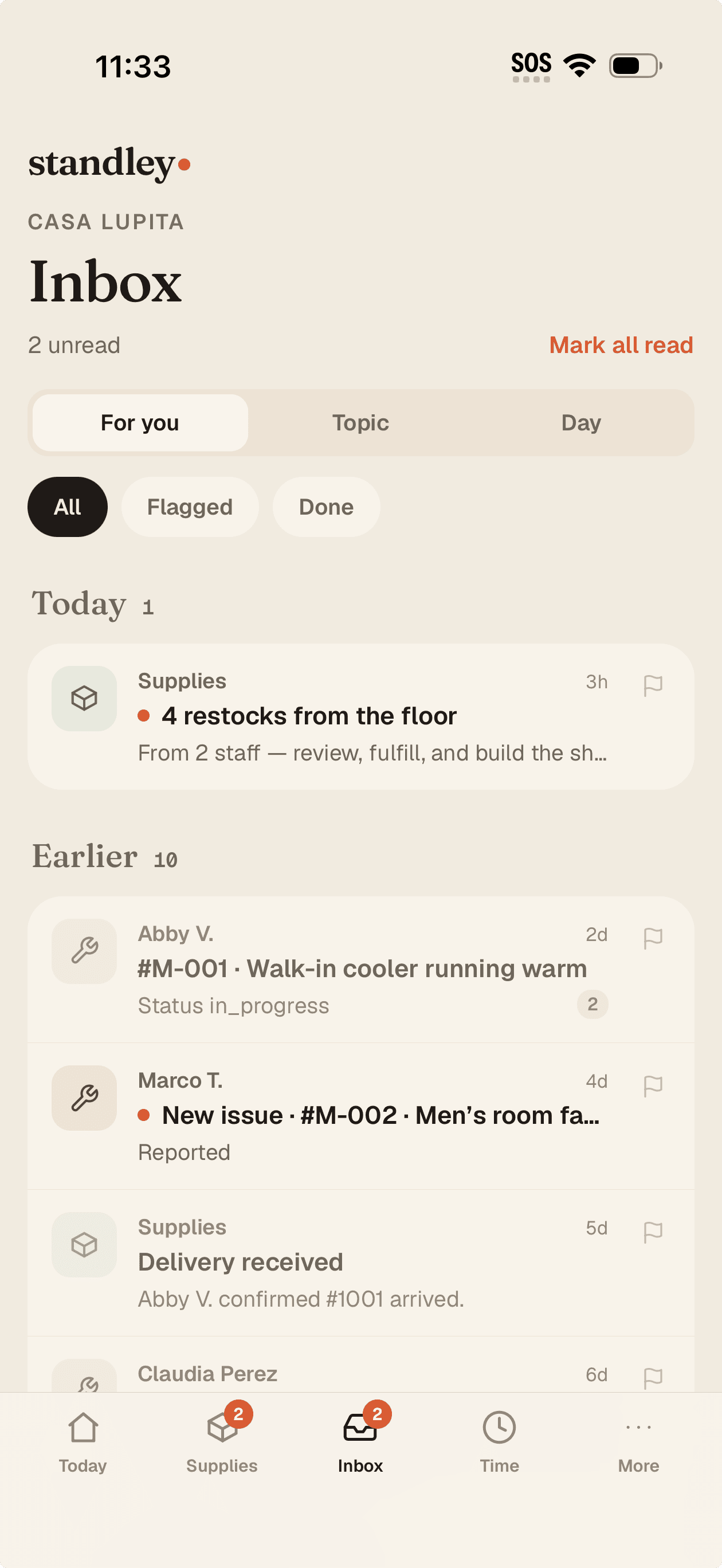 The owner inbox on a phone — restocks, maintenance, and deliveries as threads