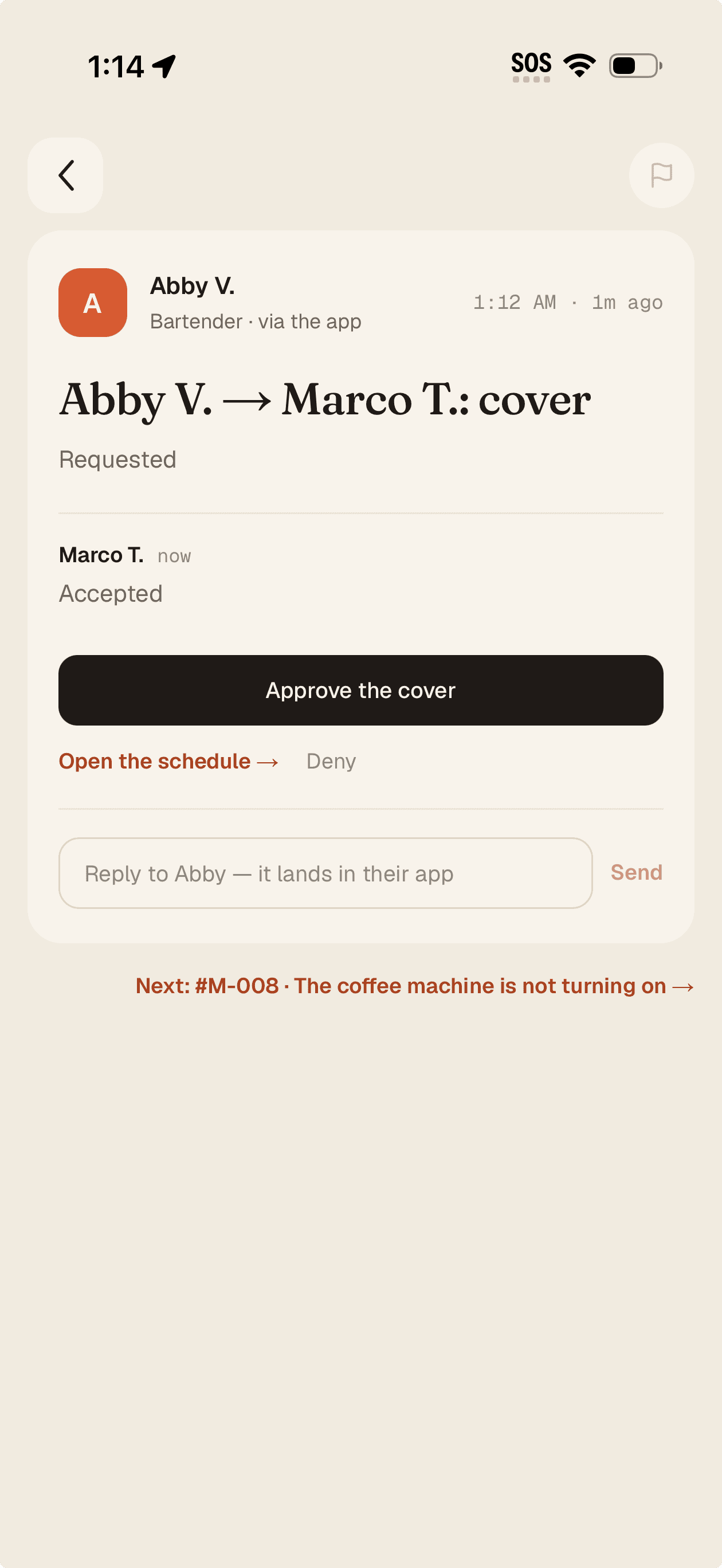 A cover request as a letter — teammate accepted, one dark button to approve the cover