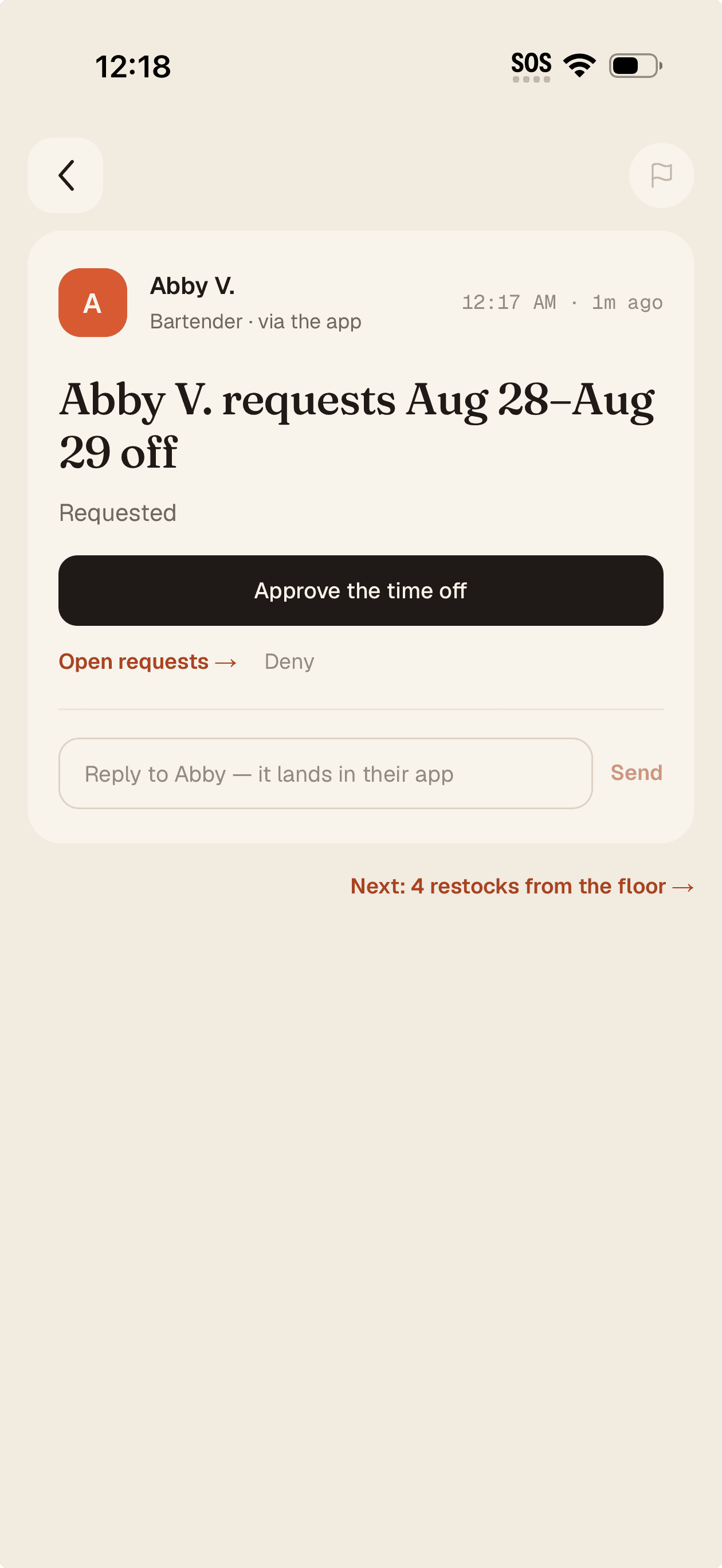 A time-off request as a letter — approve it in one tap, reply lands in their app
