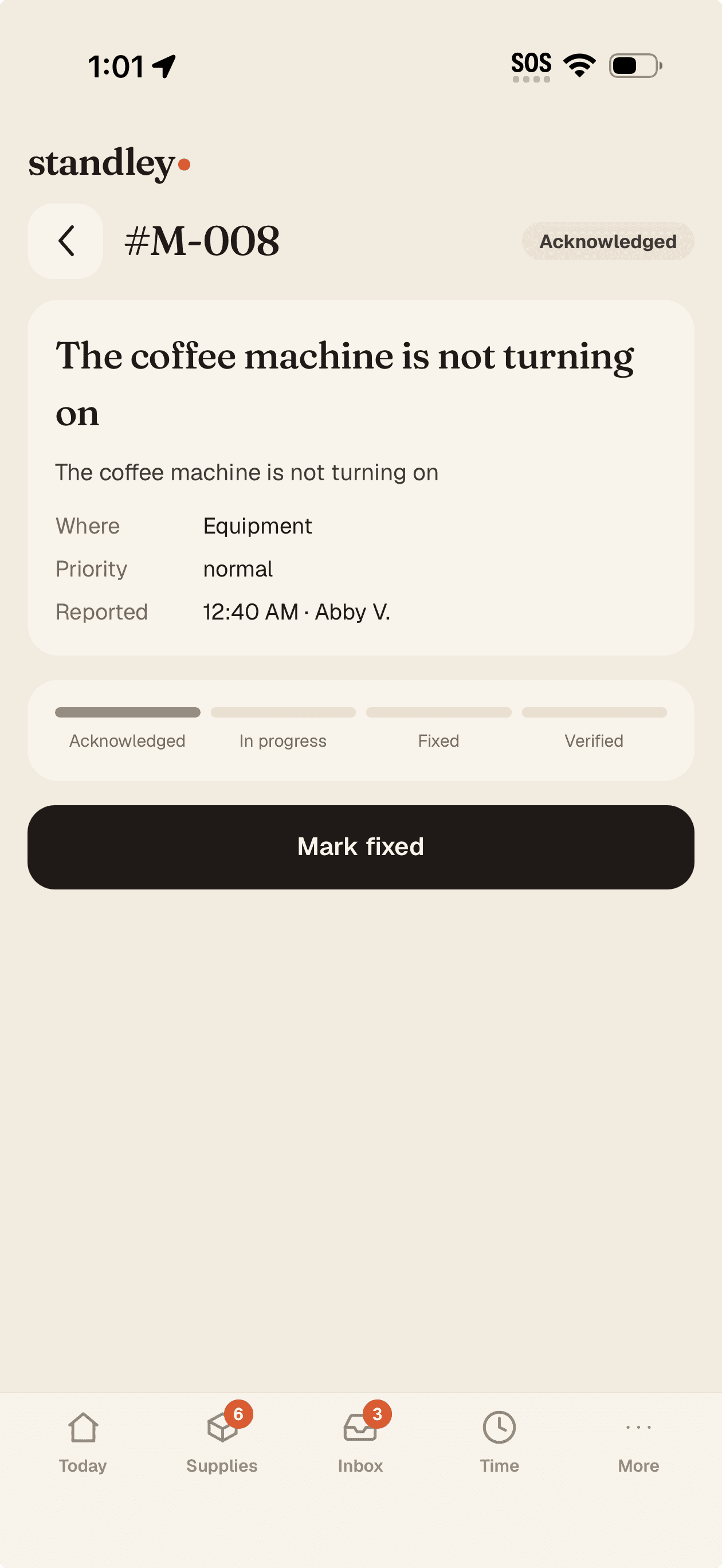 A maintenance issue on the owner phone — acknowledged, with the progress stepper and Mark fixed