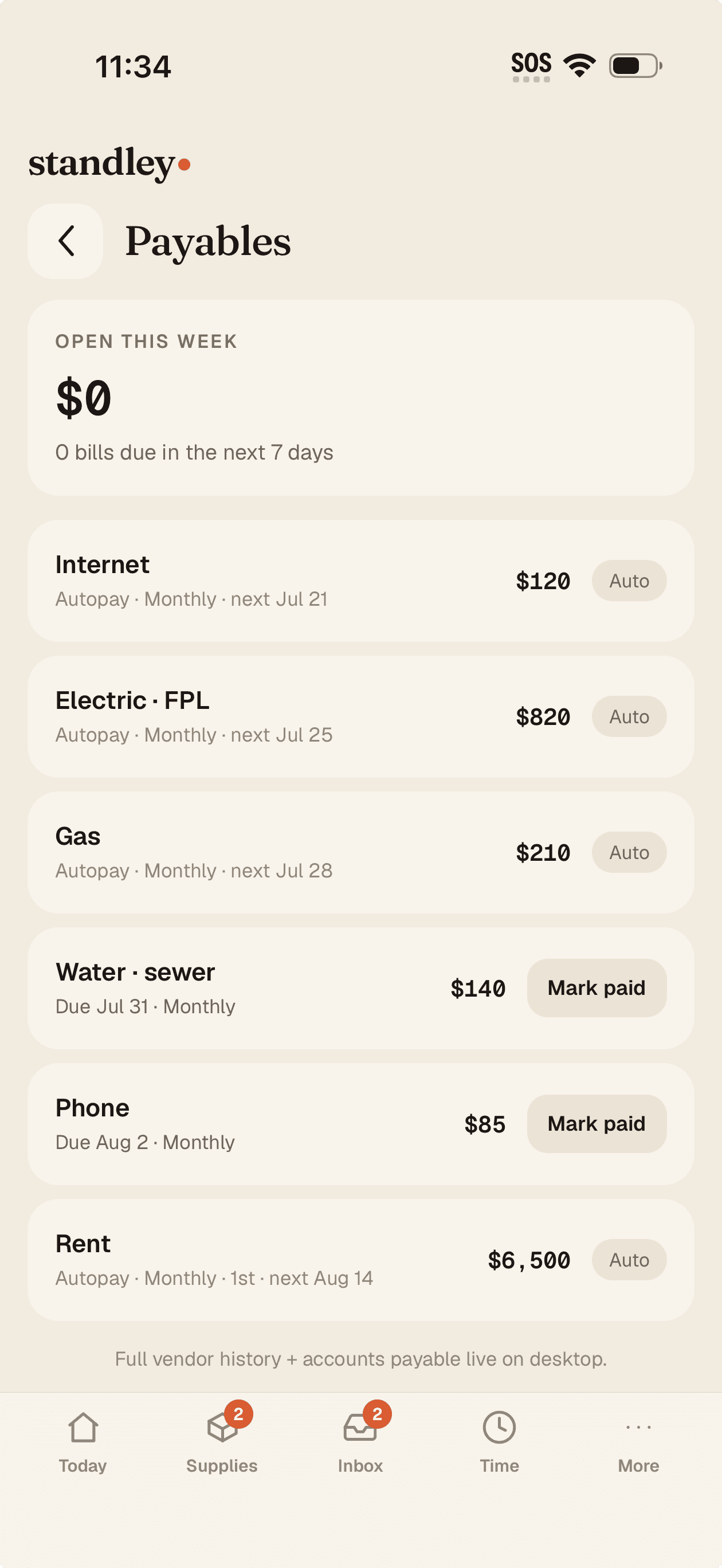 Recurring bills on the owner phone — autopay labels, mark paid, next due dates