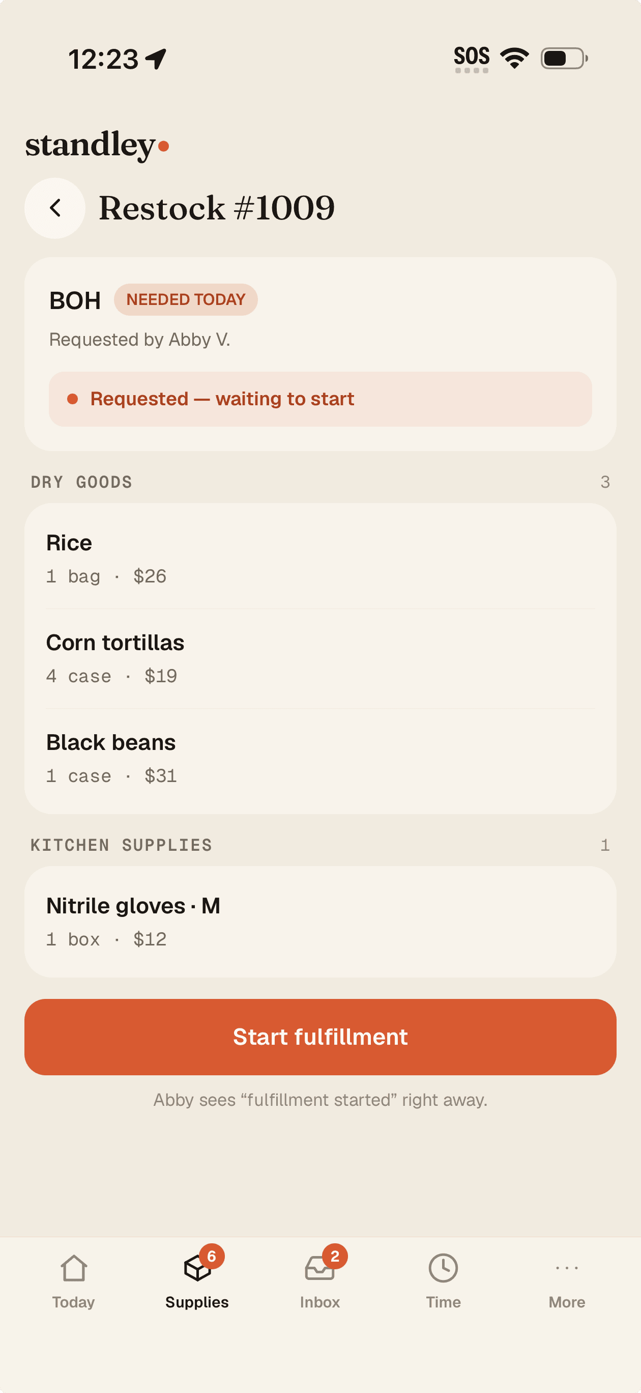 A restock request on the owner phone — items with quantities and a Start fulfillment button