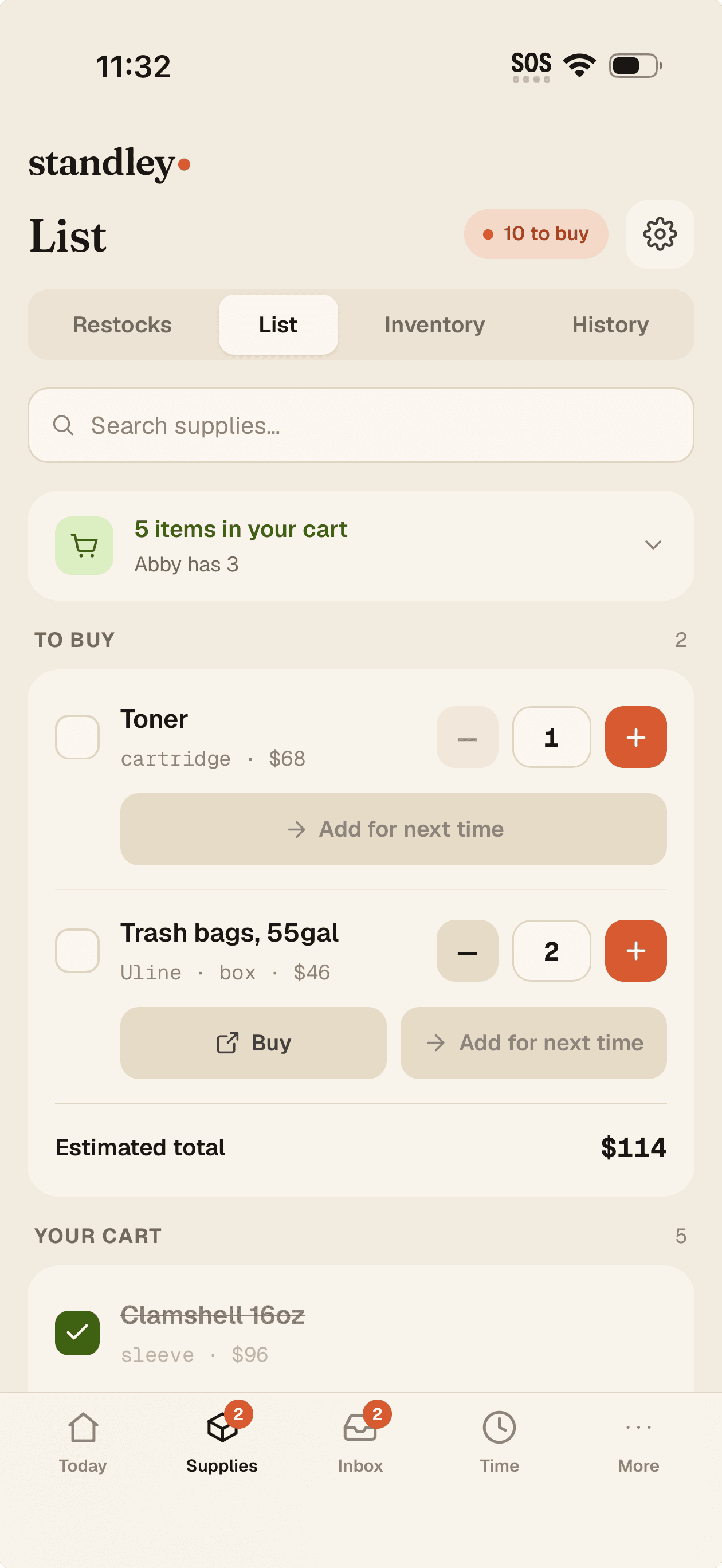 The shared shopping list — items in your cart, a teammate's cart, and an estimated total