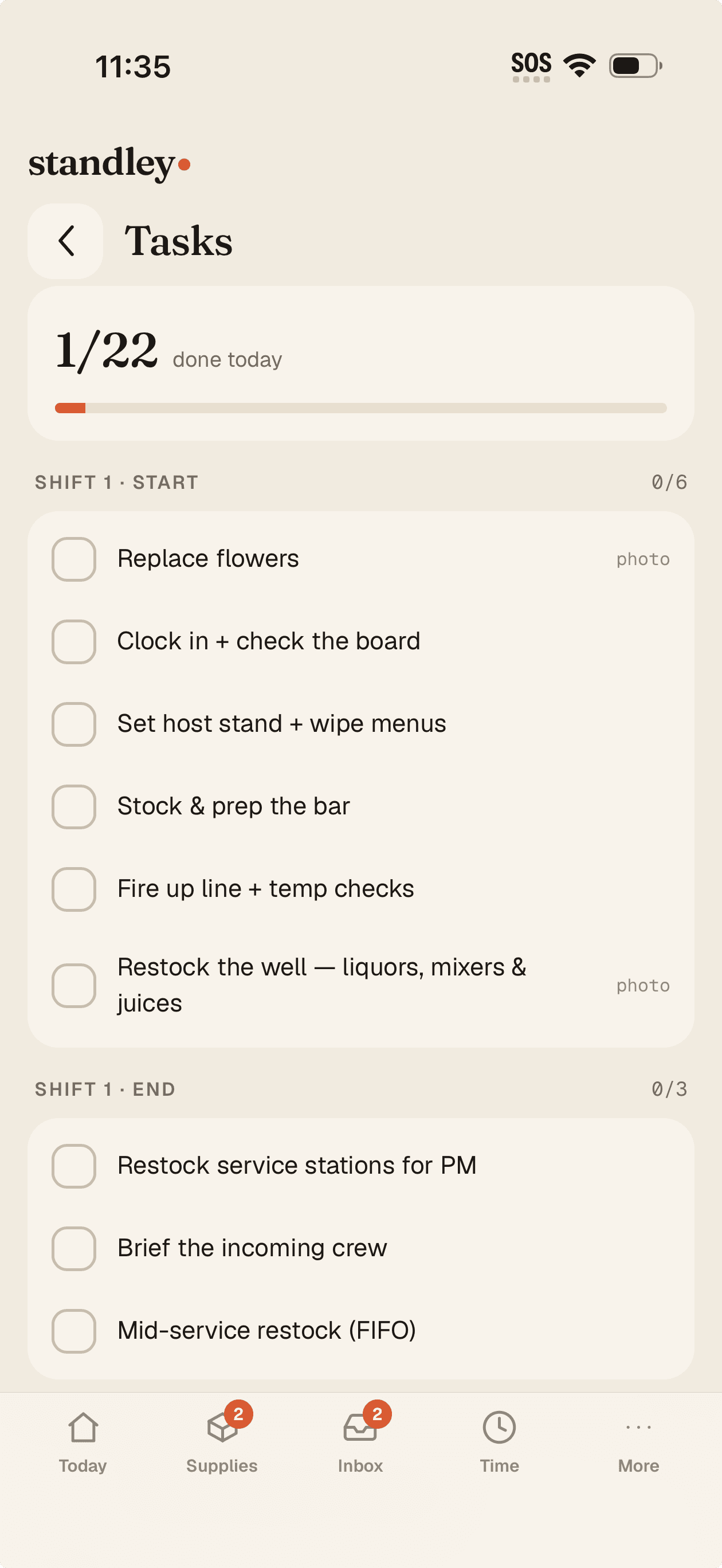 The shift checklist on the owner phone — start and end lists with photo-proof tasks