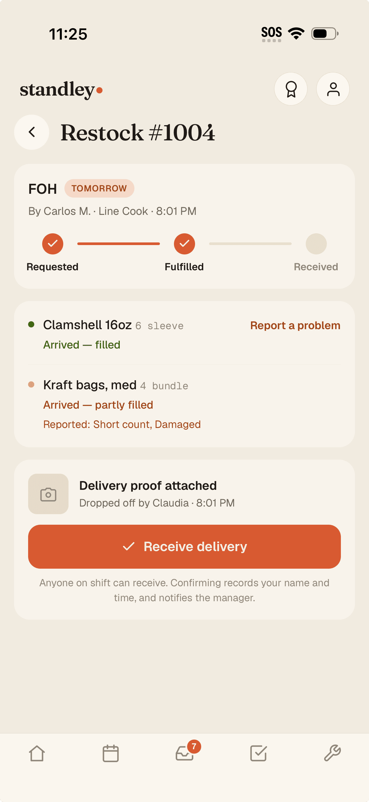A restock arriving — requested, fulfilled, received steps; report a short count right on the item