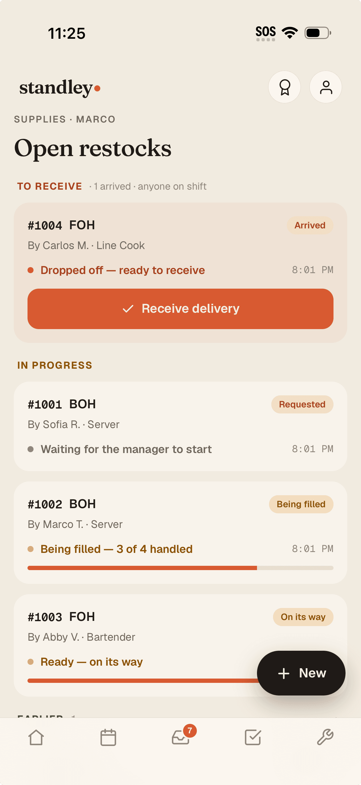 Open restocks — one dropped off and ready to receive, two being filled with live progress