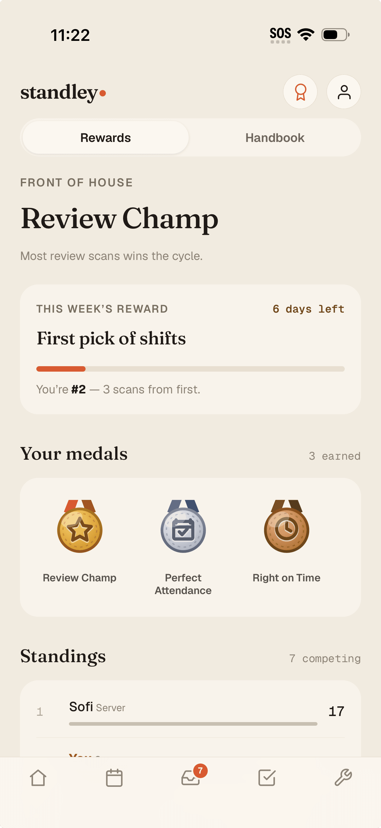 Rewards — Review Champ standings, this week's prize, and the medals a server has earned