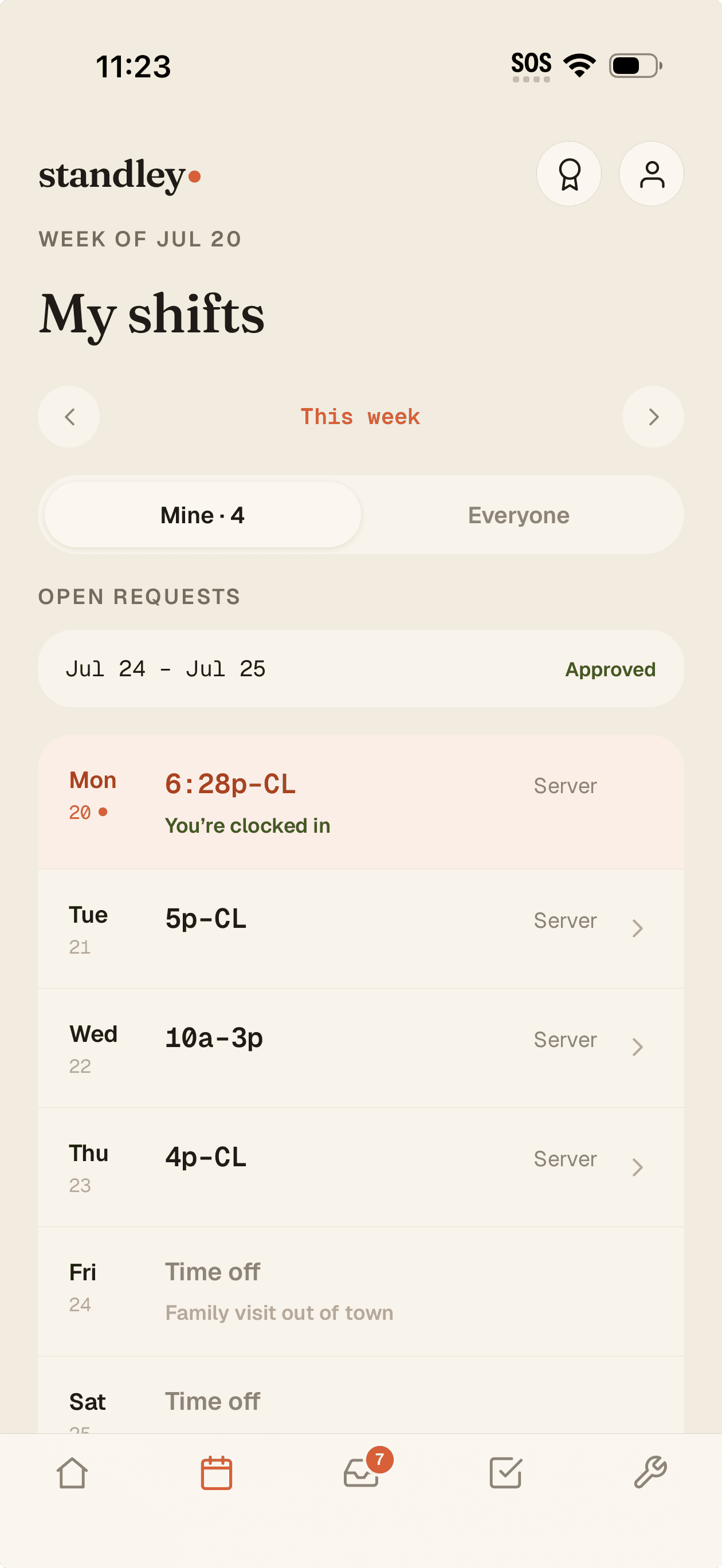 My shifts — the week on one screen, time off shown quietly, today marked