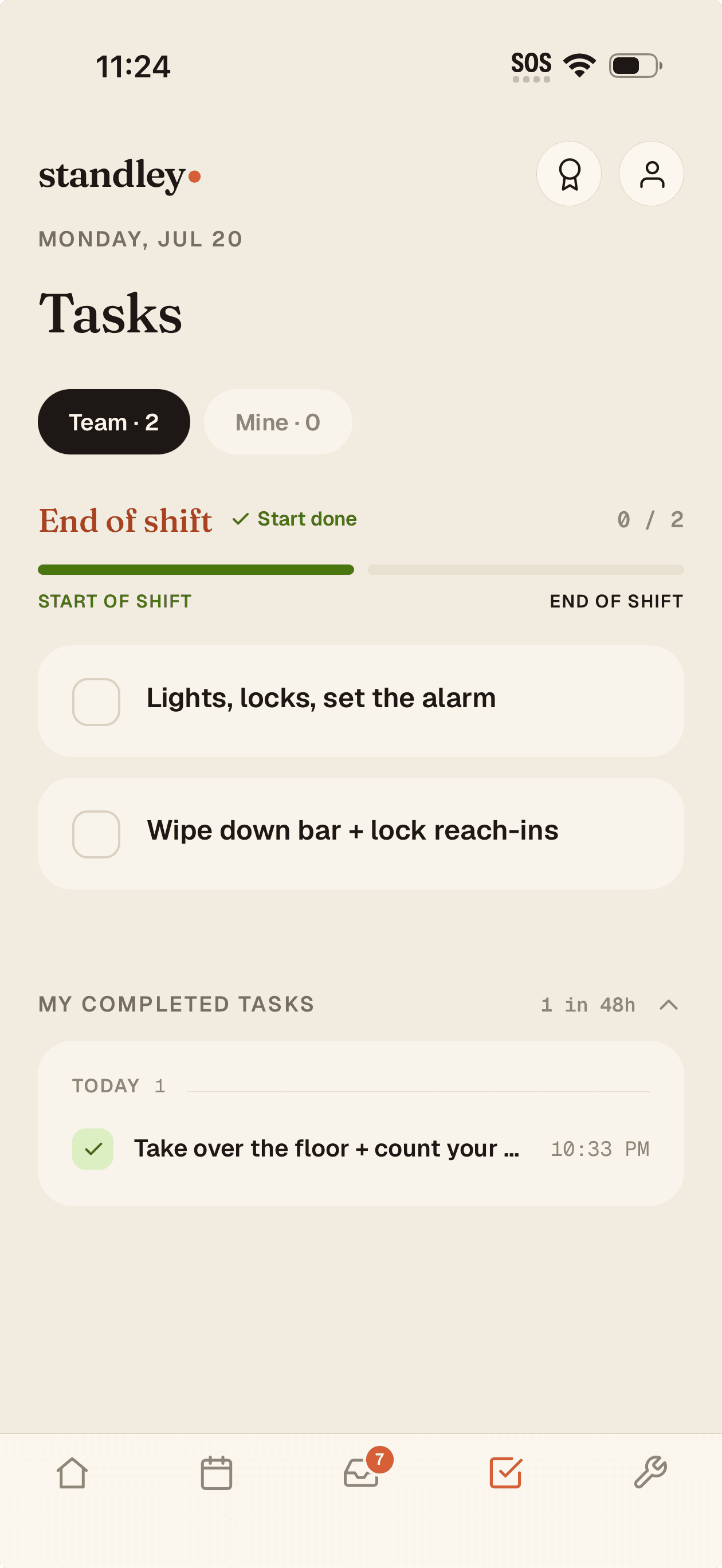 The shift checklist — start-of-shift done, end-of-shift lists left, one thin progress bar